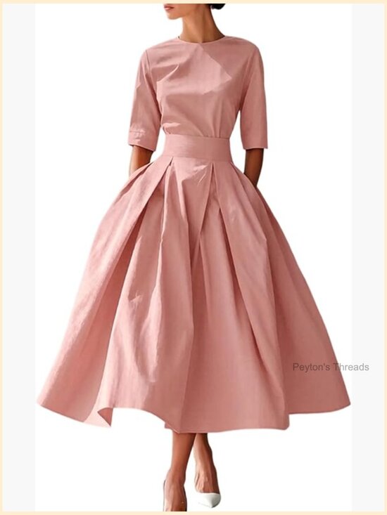 Dresses & Skirts - Pleated Cocktail Dress 1950s 3/4 Sleeve Round Neck A-Line Swing Maxi Dress